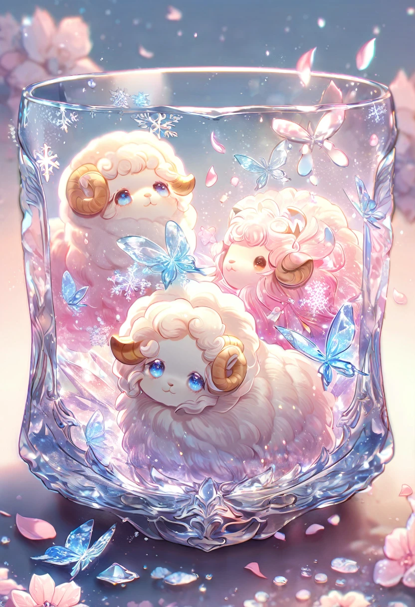 Ultra detailed, HDR, Highres, absurdres, master piece, white sheep, expressive blue eyes, glass, ice glittering butterflies, ice, petals, pink ice glass flowers, cute, glittering, water, fantasy, magical, snowflakes, cold, small and cute,