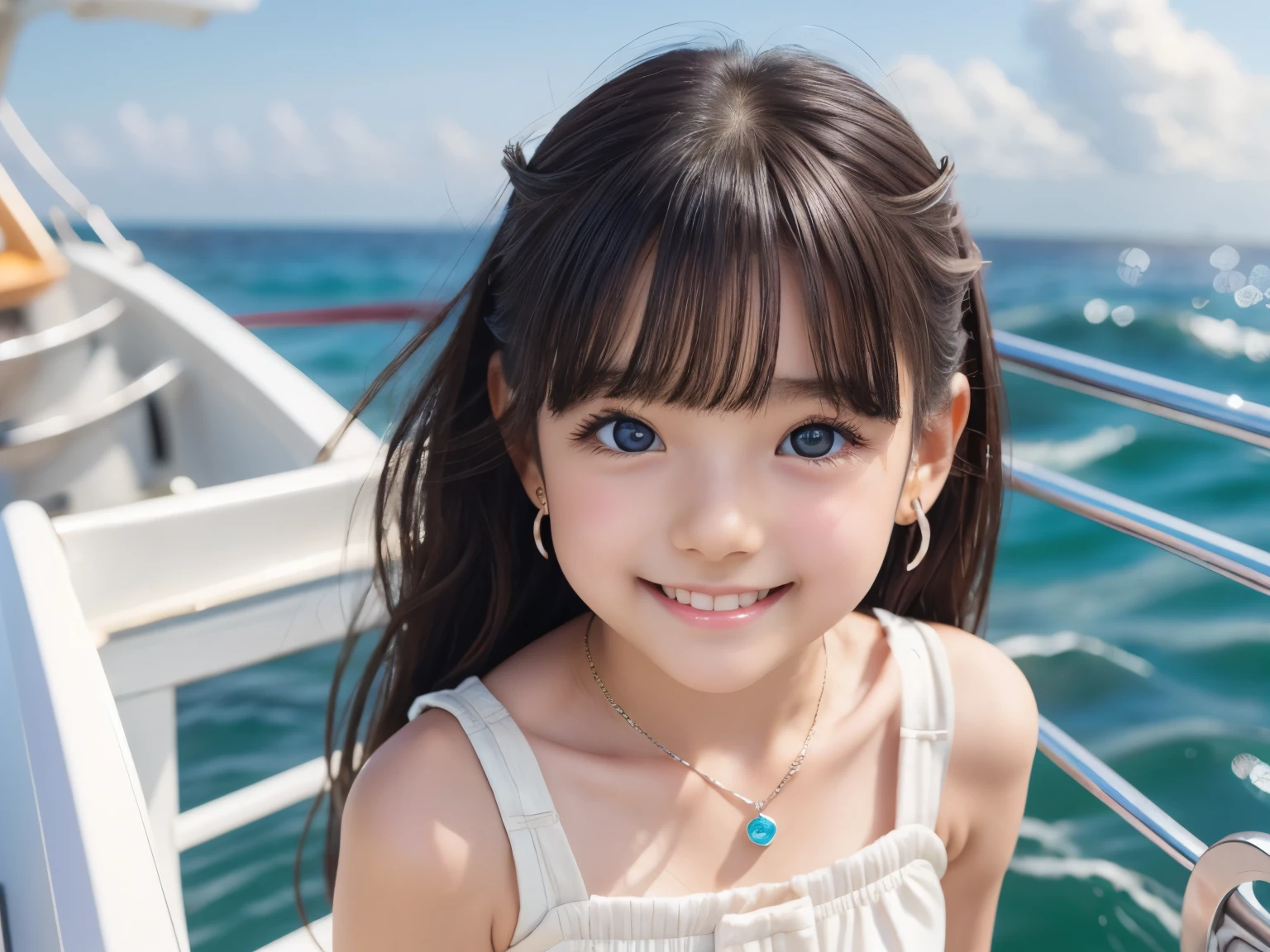 Small breasts、Earrings、necklace、Beautiful glowing white skin,、 bright, Refreshing and gentle look, Perfect beautiful pretty face, Shiny, straight, long hair down to the waist, Beautiful shiny bangs, （（Very beautiful and beautiful４Year old girl））, eyeliner, so perfect and beautiful, Big clear sky blue eyes, bright eye highlights、、Cute smile、Long eyelashes、Low waist、Low rise、Ocean、On the boat、Have a bold pose、Being at the edge of the waves、She is looking down from above、hot pants、16ｋ、Highest quality、