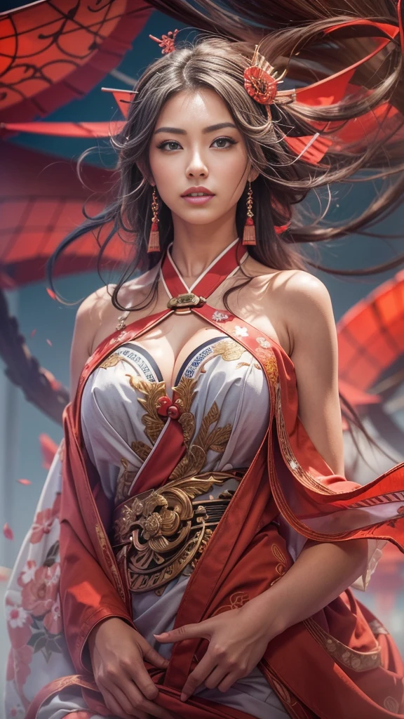 (32k:1.5, Highest quality, masterpiece, Ultra-high resolution), Perfect dynamic composition, Professional camera work:1.6, Captivating portrait:1.3, Cinematic Light, Very detailedな肌と顔の質感:1.3, Very accurate, Very detailed, (Ride the Red Dragon:1.2, Holding a walking stick), (Belligerent:1.2, Fantastic:1.2, Great background:1.2, tradition:1.2, Majestic:1.2), 1 adult female, Elegant Goddess, Incredibly slim body, Fair skin, (smile:0.9, Totally captivates you:1.0), (Fractal Art:1.0, Japanese Shrine Maiden Costume:1.3), Ample breasts:0.9, (Buckshot, Calm pose), (Beautiful Blue Eyes, Beautiful erotic eyes:0.8, Feel the beautiful eroticism:0.9), Sensual sitting position:0.4, (romantic, dramatic, mysterious), Object of admiration, Artistic, Innovative, attractive, sense of openness, sense of cleanliness, Heartful, Fancy, exciting, Extreme, ((Adult charm, Feminine charm, Hair blowing in the wind))