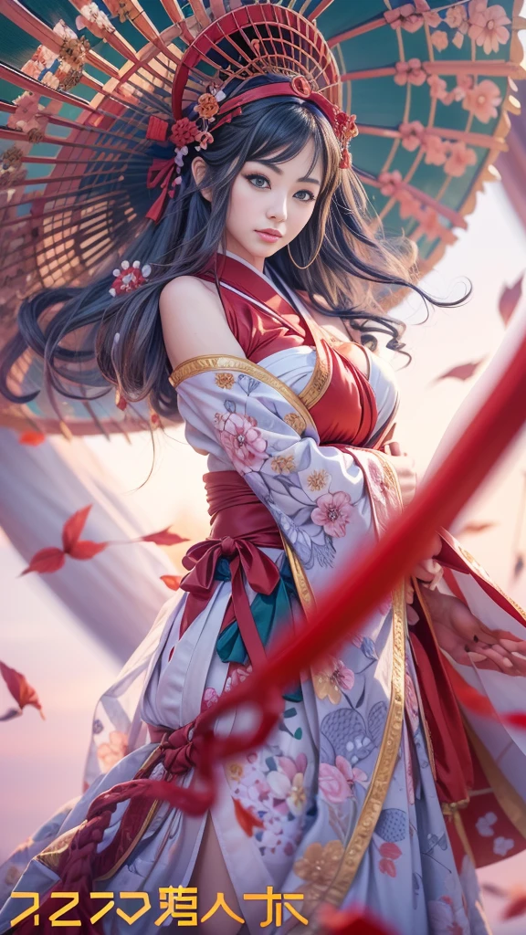 (32k:1.5, Highest quality, masterpiece, Ultra-high resolution), Perfect dynamic composition, Professional camera work:1.6, Captivating portrait:1.3, Cinematic Light, Very detailedな肌と顔の質感:1.3, Very accurate, Very detailed, (Ride the Red Dragon:1.2, Holding a walking stick), (Belligerent:1.2, Fantastic:1.2, Great background:1.2, tradition:1.2, Majestic:1.2), 1 adult female, Elegant Goddess, Incredibly slim body, Fair skin, (smile:0.9, Totally captivates you:1.0), (Fractal Art:1.0, Japanese Shrine Maiden Costume:1.3), Ample breasts:0.9, (Buckshot, Calm pose), (Beautiful Blue Eyes, Beautiful erotic eyes:0.8, Feel the beautiful eroticism:0.9), Sensual sitting position:0.4, (romantic, dramatic, mysterious), Object of admiration, Artistic, Innovative, attractive, sense of openness, sense of cleanliness, Heartful, Fancy, exciting, Extreme, ((Adult charm, Feminine charm, Hair blowing in the wind))