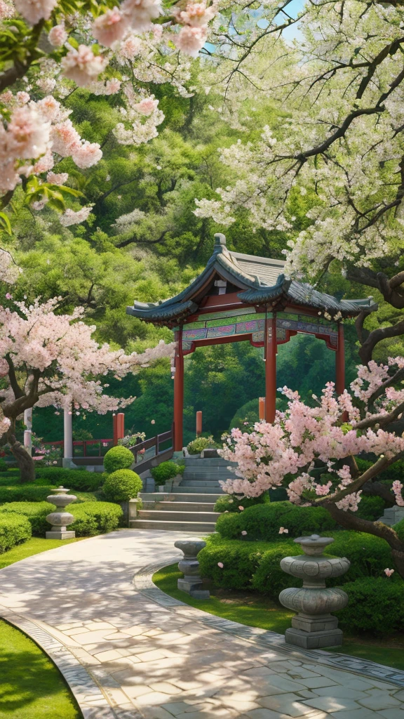 a beautiful detailed chinese peach blossom garden, highly detailed 4k 8k UHD photorealistic, lush green foliage, vibrant colorful flowers, soft warm lighting, natural scenery, serene tranquil atmosphere, intricate flower petals, exquisite botanical elements, realistic depth of field, nature landscape