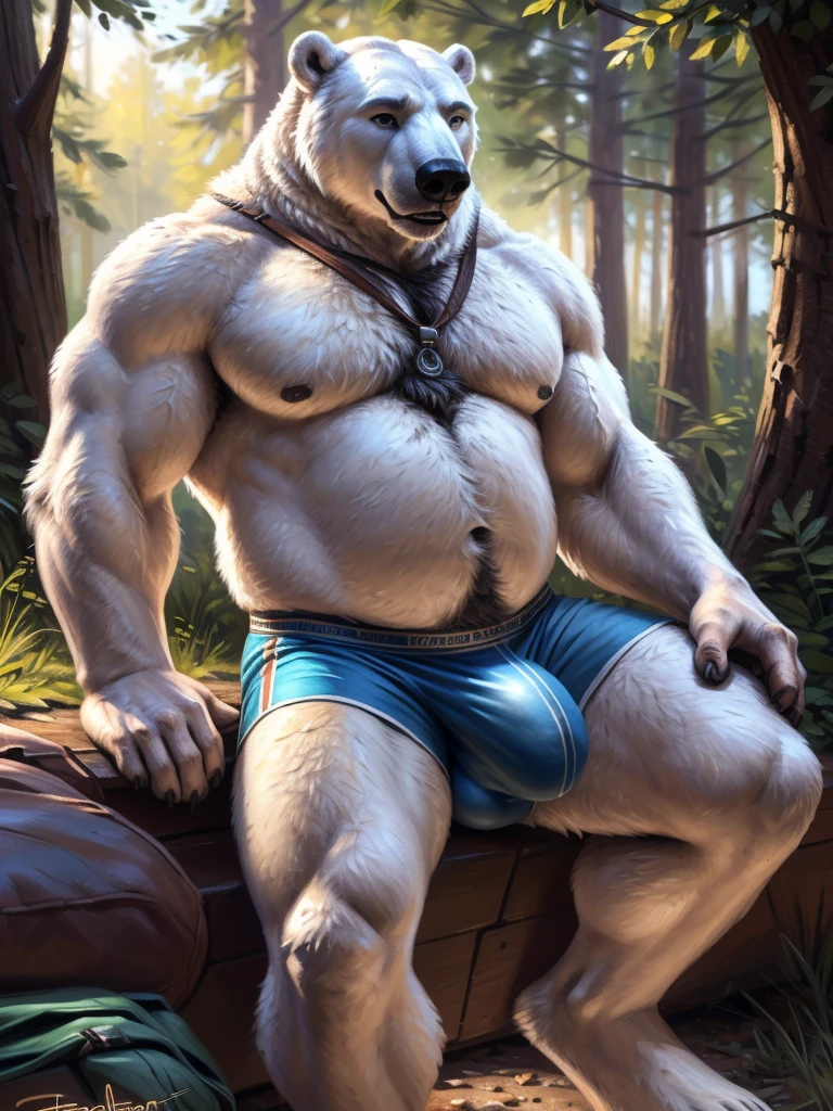 by personalami, by meesh, by kenket, by taran fiddler, photorealistic, hyperrealistic, ultradetailed, ((Polar bear)), anthro, Dilf, Daddy, father figure, mature male, hunk, burly, chubby, solo, very detailed, ((very detailed fur texture)), ((very detailed lighting)), ((very well drawn legs)), ((very well drawn arms)), ((very detailed legs)), ((very detailed arms)), ((very detailed paws)), ((very detailed tail)), ((very detailed background, forest)), ((very detailed penis)), ((very detailed balls)), ((large balls)), ((very well drawn body)), ((very detailed pubic fur)), ((chest fur tuft)), ((very detailed snout)), ((massive body)), ((body takes up most of the image)), ((very detailed clothing)), ((swim shorts)), ((large bulge)), ((very detailed bulge))