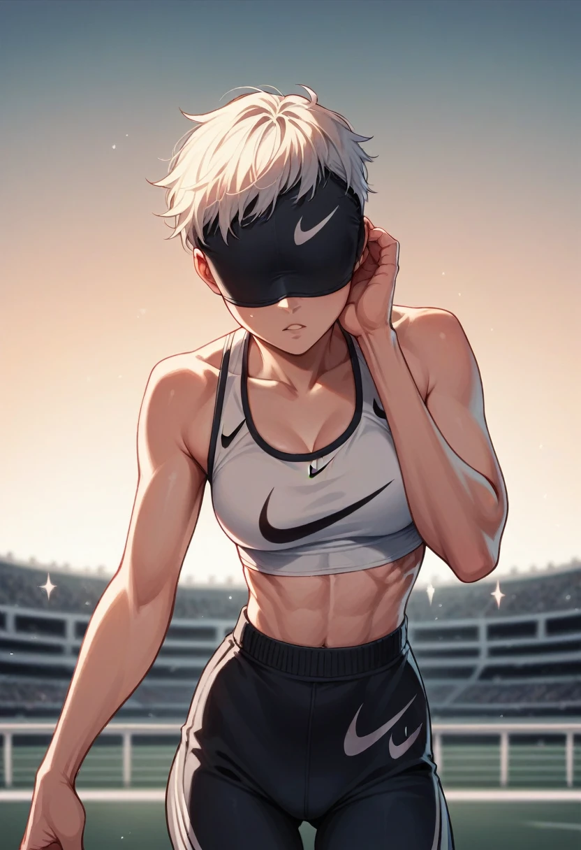 Young woman, Nike clothing, athletic body, covered face, beautiful, sporty pose, modern city or stadium background, dramatic lighting, fashionable style.