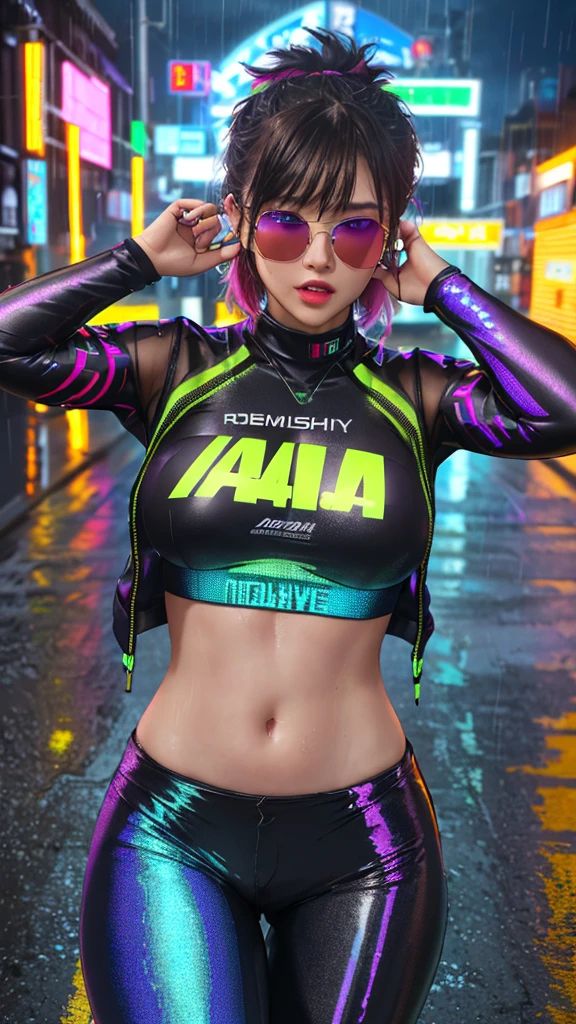 (best quality,4k,8k,highres,masterpiece:1.2), ultra-detailed, (realistic,photorealistic,photo-realistic:1.37), digital art, vibrant colors, neon lights, cyberpunk, futuristic, mixed media, short hairstyle, confident expression, dramatic lighting, cityscape, glowing tattoos, piercing, rebellious attitude, stylish accessories, edgy fashion, street art, urban atmosphere, dynamic pose, intense gaze, energetic background, electro music, holographic elements, dark tones, urban decay, rain-soaked streets, reflective surfaces, cool sunglasses