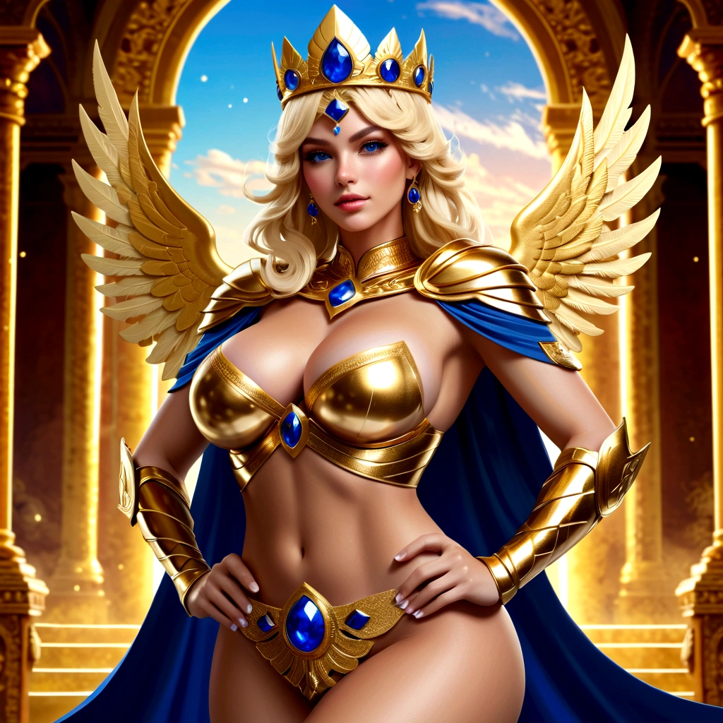 (masterpiece),(best quality),(ultra detailed),(illustration),(an extremely delicate and beautiful,(solo),(girl is supreme almighty goddess of the sky and reproduction),(giganticboobs:1.3),big ass,(curvy),4fingers and 1thumbs,boyish,(shiny hair),(short hair),((flipped hair)),(((crossed bangs))),(blonde hair),blue eyes,(shiny skin),(gold supreme goddess tiara),((golden stomach tattoo)),BREAK,(sapphire blue supreme goddess cloak),(((sapphire blue supreme goddess armor))),cleavage,stomach,(sapphire blue supreme goddess thong),(sapphire blue supreme goddess elbow gloves),(sapphire blue supreme goddess thighboots),((in the great temple of the sky))