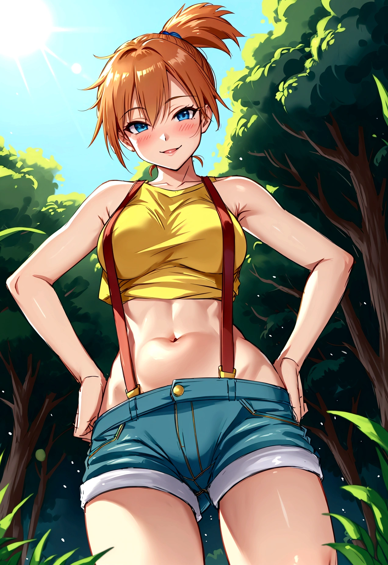 from below,from front,pov,Dutchangle,soro focus.straight-on,(upperbody:1),(finely detail ,best quality, ultra detailed),superfineillustration,anime studio,highly detailed, (detailed background, complex background:1.2), (perfect face, detailed face), full-face blush, (smile, happy),  (milf, mature girl) misty_(pokemon), short hair,side ponytail, looking at viewer, smile, blush, navel, shorts, blue eyes, (suspenders), shirt, crop top,beautiful abs,(beautiful under_boob), midriff, short shorts, medium breasts,(beautiful body),(skiny skin).(). (outdoors, garden, thighs,standing),depth of field,(professional lighting,cinematic lighting,lens flare.beautifully lit),(hands on hips)
,misty_(pokemon),