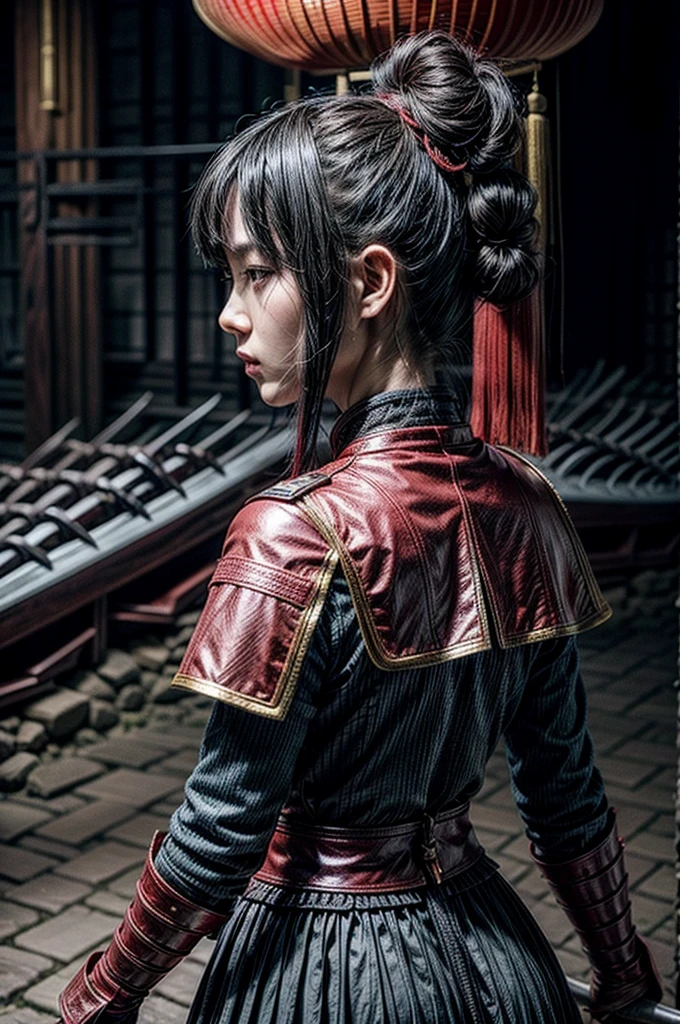 A beautiful chinese women warrior, weapon, 1girl, red full armor, sword, black_hair, bun hairstyle, holding, dual_wielding, solo_focus, holding_weapon, holding_sword, old chinese background, brown_eyes, view from behind