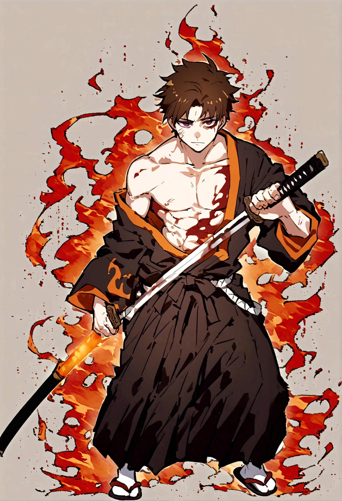 A samurai teenager boy with brown hair mixed with orange from below with spilt hair bangs left eye red right eye orange both eyes glowing carrying katana with red blade and flames around it wearing samurai kimono with a scabbard on the belt and black hakama with slippers and white socks background only fire as he has so many injuries and blood all over his body with his clothes ripped 