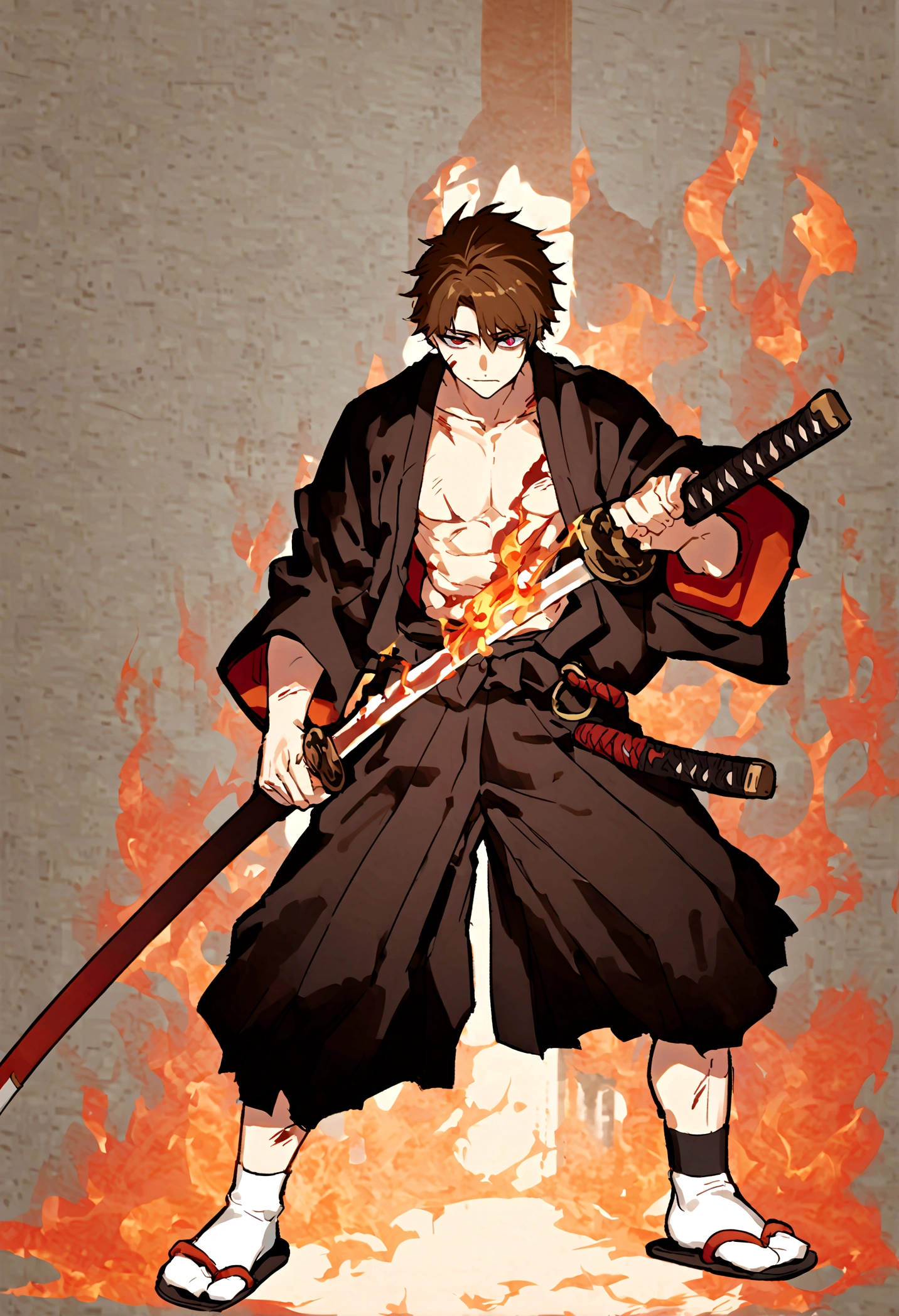 A samurai teenager boy with brown hair mixed with orange from below with spilt hair bangs left eye red right eye orange both eyes glowing carrying katana with red blade and flames around it wearing samurai kimono with a scabbard on the belt and black hakama with slippers and white socks background only fire as he has so many injuries and blood all over his body with his clothes ripped 