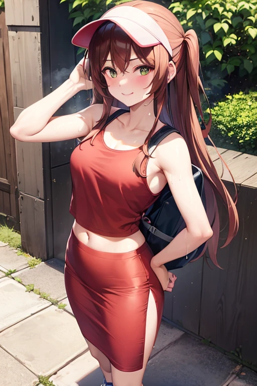 1girl, woman, red tank top (cropped), tight midi pencil skirt (black), long length pencil skirt, long brown hair, looking at viewer, full body, smile, blush, sneakers, socks, garden, summer, visor, backpack, holding water bottle, sweat