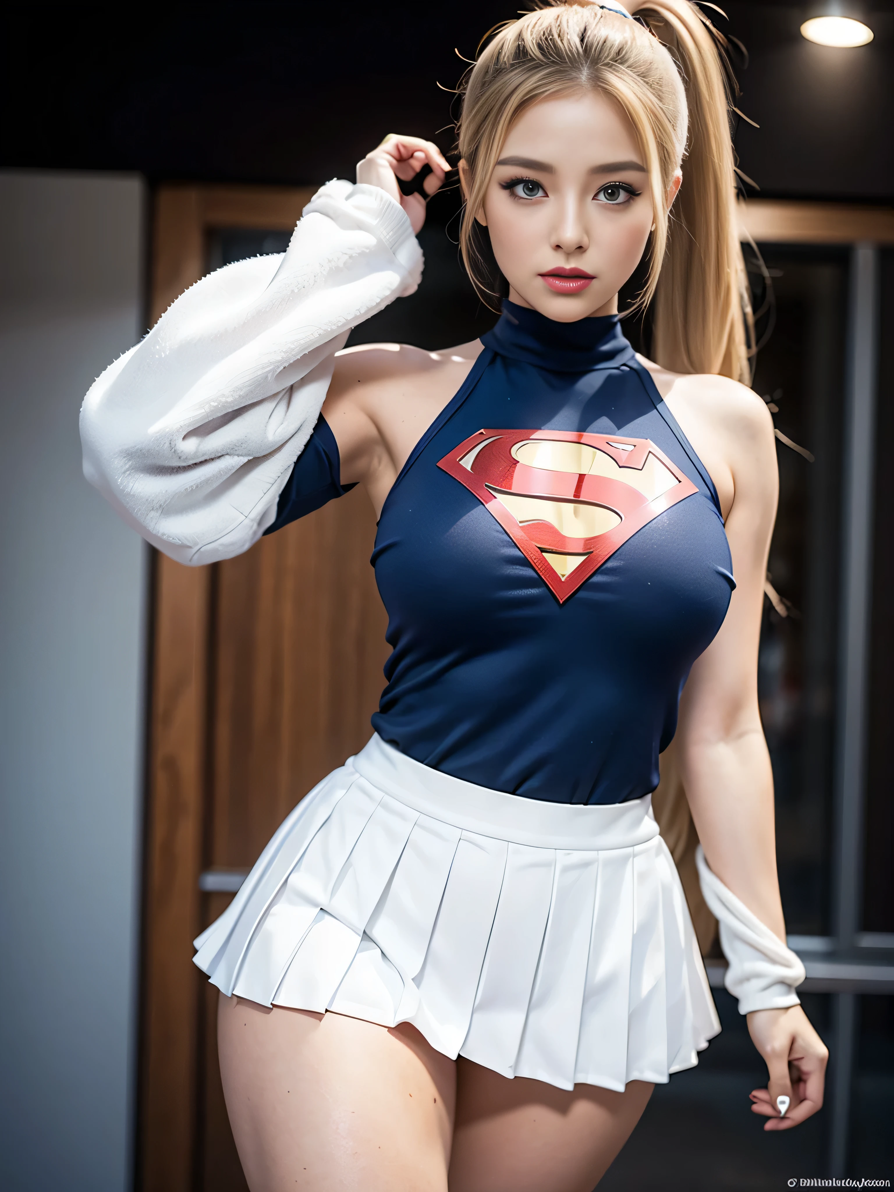 4k, realistic, charismatic, very detailed, there is a girl in the sky, dressed in a super girl costume, she is a super girl, superhero theme, blonde large hair, ponytail, 20 years, full body, (detail in the eyes), (detail in the face), incredibly beautiful, blue eyes, blush, makeup, red lipstick, miniskirt, (wide hips),  (thick thighs), small breasts, dress,, seductive pose, (extreme hourglass figure), thin, svelte, white skirt, boots, tight t-shirt, ((pleated mini skirt))