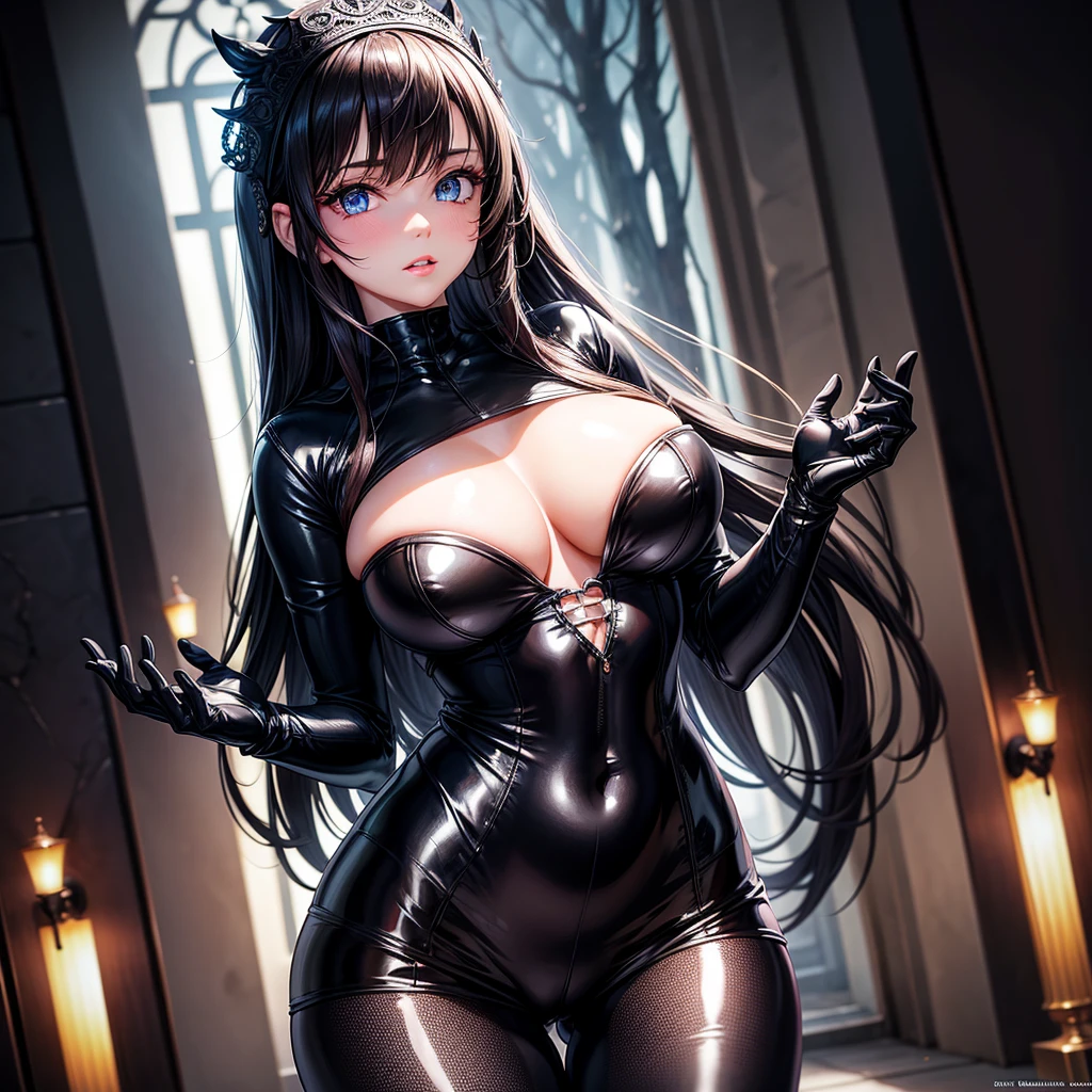 very detailed face, detailed clothing, detailed fabric, 1 woman, perfectly drawn body, huge breasts, sexy pose, beautiful face, long black hair, blue eyes, very detailed eyes, pink cheeks, shy expression, (Shiny black tight bodysuit), black gloves, gloves covering hands, Sensual lips , dinner de invierno, Show details at a glance, View from the front, looking at viewer, dark road, Dark Forest, dinner, atmosphere, Fog