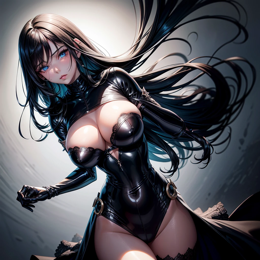 very detailed face, detailed clothing, detailed fabric, 1 woman, perfectly drawn body, huge breasts, sexy pose, beautiful face, long black hair, blue eyes, very detailed eyes, pink cheeks, shy expression, (Shiny black tight bodysuit), black gloves, gloves covering hands, Sensual lips , dinner de invierno, Show details at a glance, View from the front, looking at viewer, dark road, Dark Forest, dinner, atmosphere, Fog