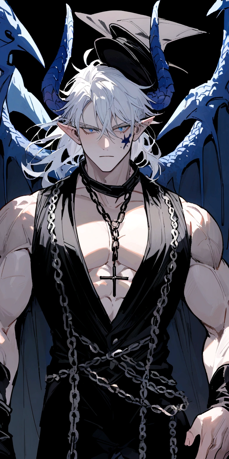 homen,strong muscles, White hair, best qualityer,open chest vest, blue and black clothes, Dragon Wings, black and blue dragon horns, black cloth on face, cross chain around the neck, black long brimmed hat