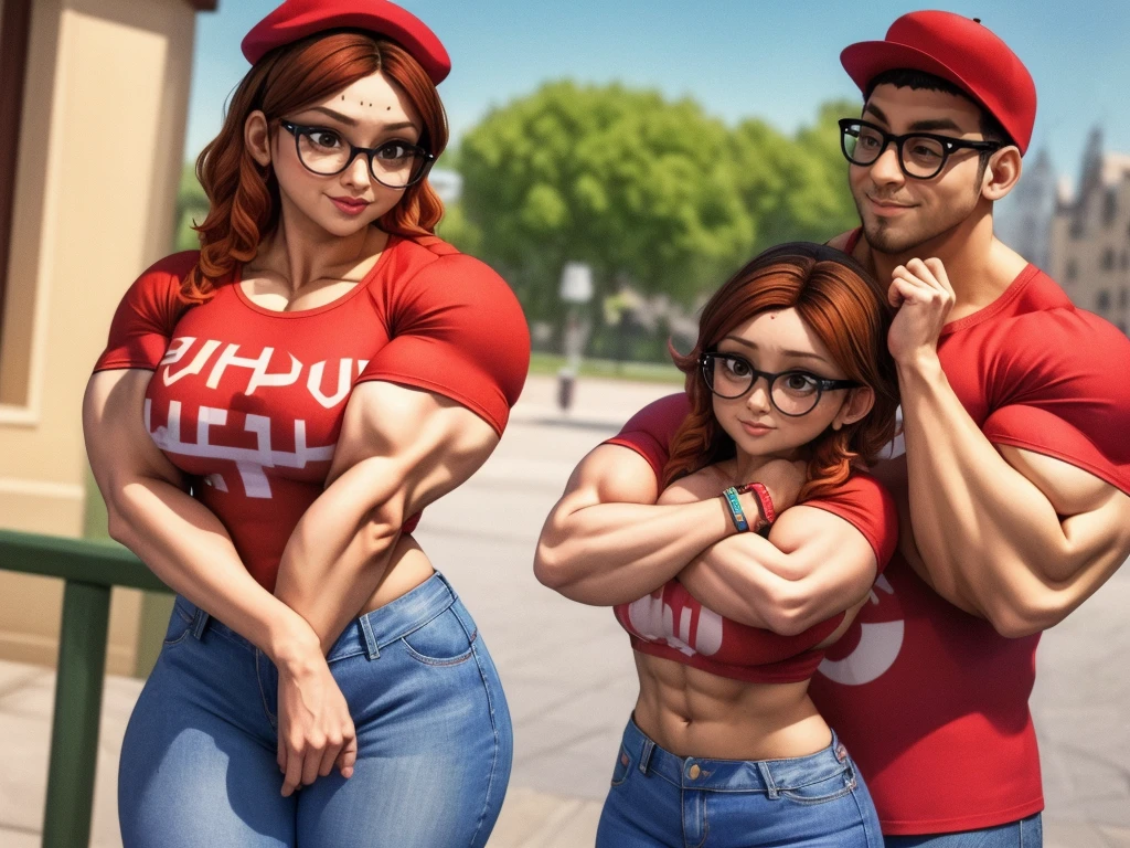 (masterpiece, best quality:1.2), A couple , boy Nino Lahiffe: Brown skin, dark hair, usually seen wearing a red cap, glasses, and casual clothing like a T-shirt and jeans, and a girl Alya Césaire: Brown skin, curly dark brown hair, often wears glasses, and typically seen in stylish, casual outfits. A casual day out with both characters in their everyday attire,Sharing a tender moment, like sitting on a rooftop overlooking Paris..(girl and boy:1), smiling, ((high resolution illustration)), ((extremely detailed)), (couple), Alya, Nino, Nino X Alya, (best quality,4k,8k,highres,masterpiece:1.2), ultra-detailed, realistic:1.37, HDR, studio lighting, extreme detail description, nino wearing a red cap, professional, vibrant colors, bokeh, ((muscular female bodybuilder)), detailed lips, strong embrace, romantic scene, intimate moment, intense passion, athletic bodies, fitness couple, gym background, muscular definition, sculpted muscles, sweat glistening,muscular, (((both flexing their big muscles))).