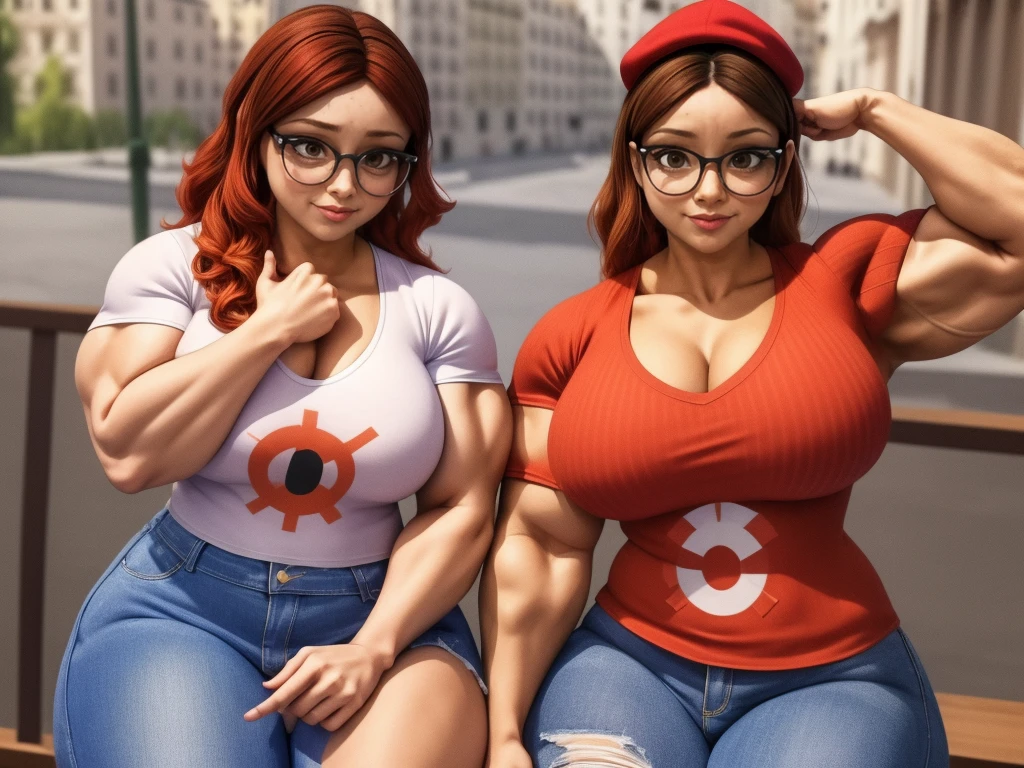 (masterpiece, best quality:1.2), A couple , boy Nino Lahiffe: Brown skin, dark hair, usually seen wearing a red cap, glasses, and casual clothing like a T-shirt and jeans, and a girl Alya Césaire: Brown skin, curly dark brown hair, often wears glasses, and typically seen in stylish, casual outfits. A casual day out with both characters in their everyday attire,Sharing a tender moment, like sitting on a rooftop overlooking Paris..(girl and boy:1), smiling, ((high resolution illustration)), ((extremely detailed)), (couple), Alya, Nino, Nino X Alya, (best quality,4k,8k,highres,masterpiece:1.2), ultra-detailed, realistic:1.37, HDR, studio lighting, extreme detail description, nino wearing a red cap, professional, vibrant colors, bokeh, ((muscular female bodybuilder)), detailed lips, strong embrace, romantic scene, intimate moment, intense passion, athletic bodies, fitness couple, gym background, muscular definition, sculpted muscles, sweat glistening,muscular, (((both flexing their big muscles))).