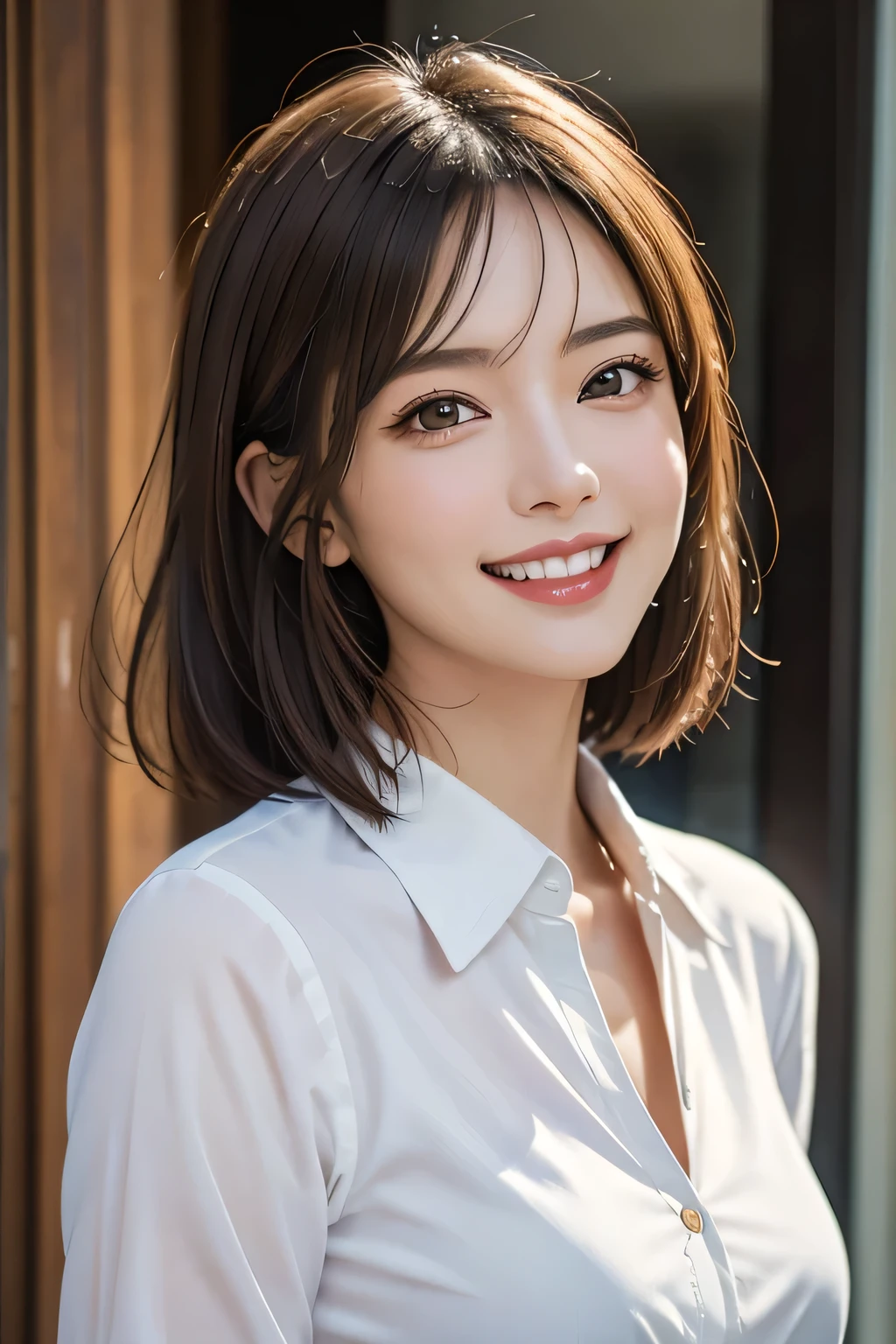 ((masterpiece)), ((Highest quality)), ((Complex)), ((Surreal)), (Realistic), (Mature Woman), ((No classes)), Very detailed, (1 female), Beautiful and exquisite, (Beautiful Teeth), Grin, Brunette Bob Hair, Brown eyes, ((blouse)), (Upper Body), (background:none), Perfect Eyes, Captivating eyes, Looking at the audience