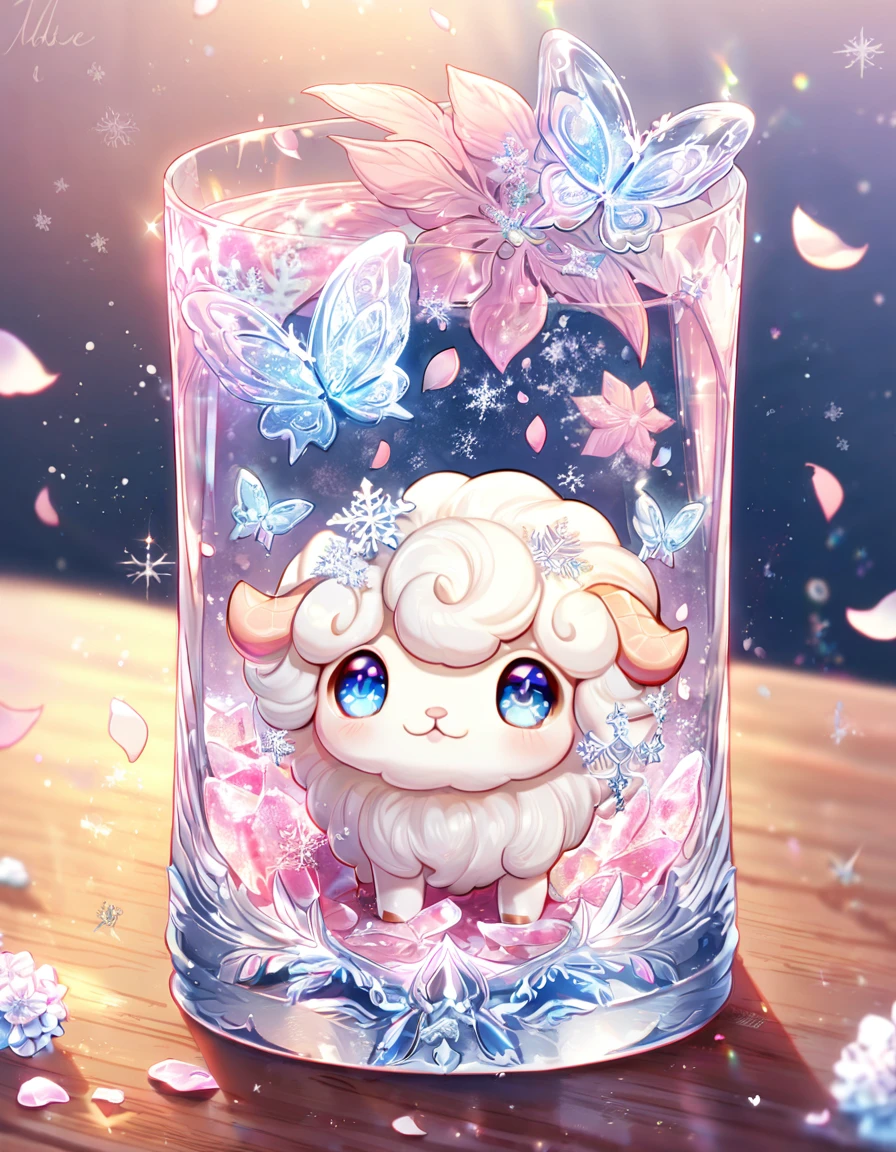 Ultra detailed, HDR, Highres, absurdres, master piece, white sheep, expressive blue eyes, glass, ice glittering butterflies, ice, petals, pink ice glass flowers, cute, glittering, water, fantasy, magical, snowflakes, cold, small and cute,