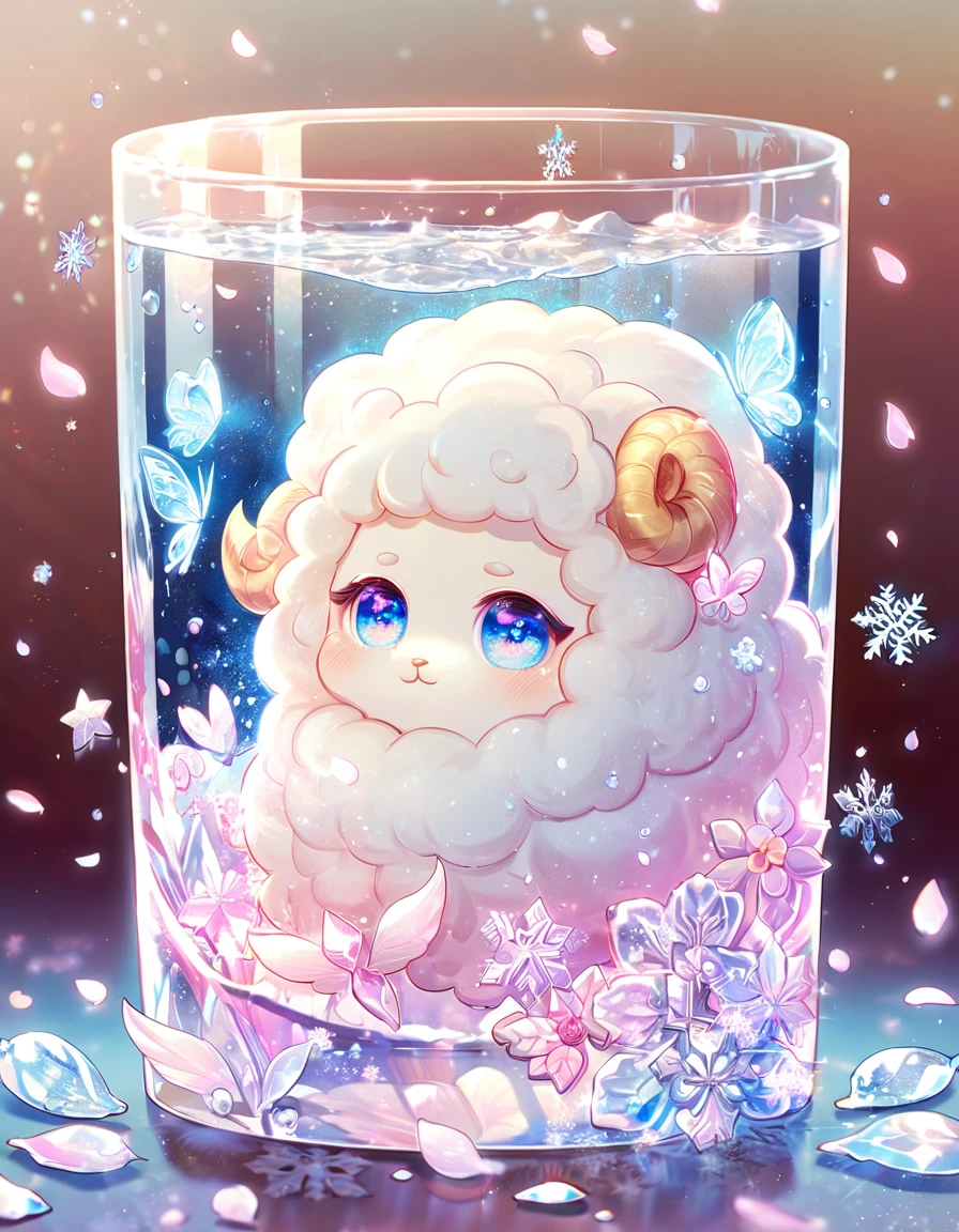 Ultra detailed, HDR, Highres, absurdres, master piece, white sheep, expressive blue eyes, glass, ice glittering butterflies, ice, petals, pink ice glass flowers, cute, glittering, water, fantasy, magical, snowflakes, cold, small and cute,