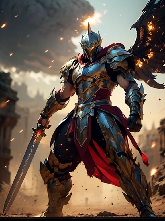 young lady knight, powerful aura, unleashing a slash, dynamic pose, glowing energy, intense expression, detailed armor, fantasy setting, battle scene, vibrant colors, magic, flowing hair, epic, fierce, shining sword, action, dramatic lighting, high contrast, sparks, mystical, warrior, heroic, ethereal, enchanted, strong, determined, anime style, intricate design, motion blur, radiant, fierce battle, medieval fantasy, power, dramatic, swirling energy, beautiful warrior woman in golden greek armor, porfect human face detailed, Jet black hair, hoplite helmet, muscular, huge naked breasts, I look at the viewer, foreground, model photo poses, work of art, best qualityer, 8K, nblurry background, medieval fantasy castle in the background