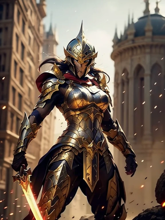 young lady knight, powerful aura, unleashing a slash, dynamic pose, glowing energy, intense expression, detailed armor, fantasy setting, battle scene, vibrant colors, magic, flowing hair, epic, fierce, shining sword, action, dramatic lighting, high contrast, sparks, mystical, warrior, heroic, ethereal, enchanted, strong, determined, anime style, intricate design, motion blur, radiant, fierce battle, medieval fantasy, power, dramatic, swirling energy, beautiful warrior woman in golden greek armor, porfect human face detailed, Jet black hair, hoplite helmet, muscular, huge naked breasts, I look at the viewer, foreground, model photo poses, work of art, best qualityer, 8K, nblurry background, medieval fantasy castle in the background