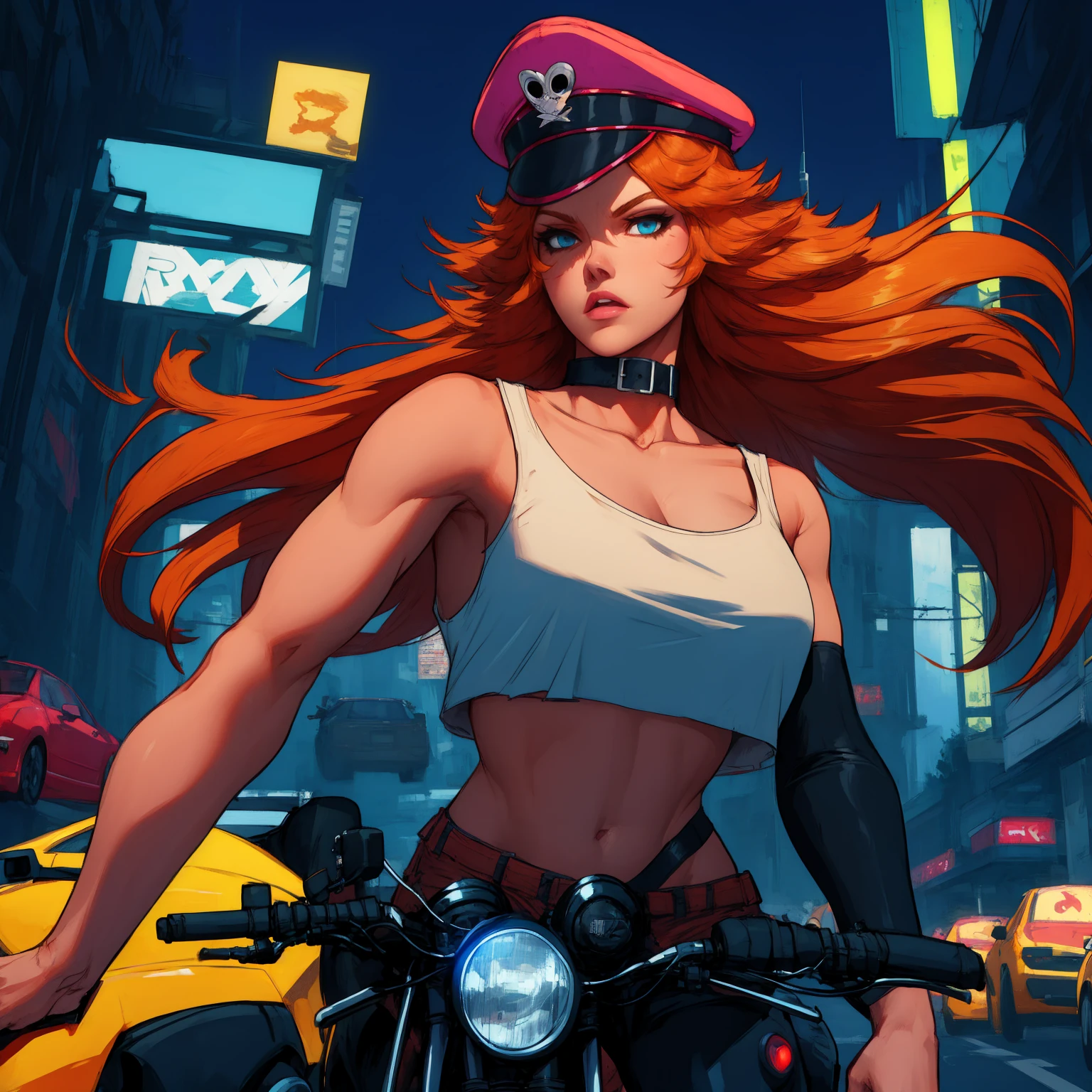 roxy,orange hair,blue eyes,long hair,white crop top,single elbow glove,collar,short red shorts,
peaked cap,
upper body,looking at viewer
driving a motocicle,night,neon lights,streets,
(insanely detailed, masterpiece, best quality),solo,