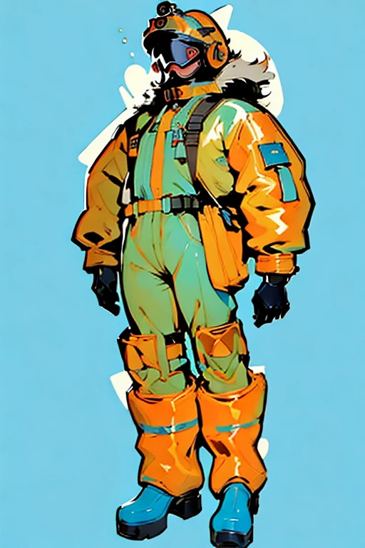full body image, (ultra detailed,ultra high res,detailed background),((2D)),((flat color)),((muted color)), 1solo, looking at viewer, baggy flight suit, large fur collared bomber jacket, (big red galoshes), plush collar, full body image, square helmet, ((smokey blue background)), ((apocalyptic city)), entire body in frame, 