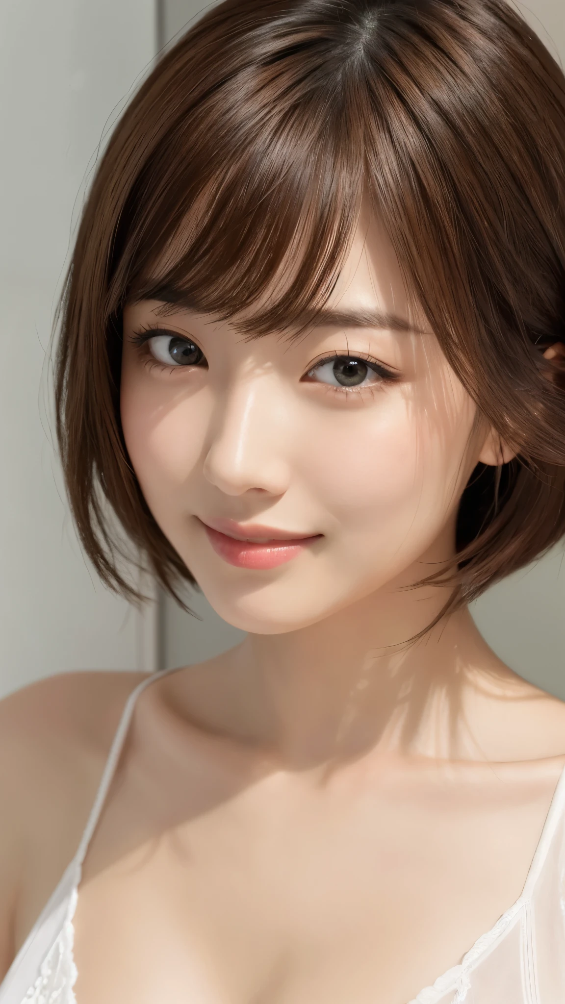 masterpiece、Highest quality、High resolution、Tabletop、wallpaper、Realistic、Bright lighting、Professional Lighting、Face Light、Smooth lighting、Japanese women、Adult、Beautiful woman、action、gravure、sexy、poor、so beautiful、Beautiful Skin、Beautiful and detailed、Detailed face、slim、moderately、short hair、Brunette colored hair、Brown eyes、Looking at the camera、smile、Cleavage