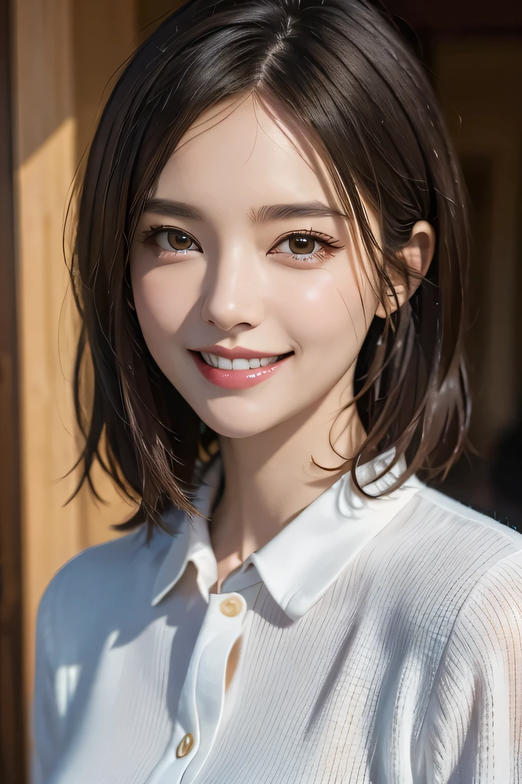 ((masterpiece)), ((Highest quality)), ((Complex)), ((Surreal)), (Realistic), (Mature Woman), ((No classes)), Very detailed, (1 female), Beautiful and exquisite, (Beautiful Teeth), Grin, Brunette Bob Hair, Brown eyes, ((blouse)), (Upper Body), (background:none), Perfect Eyes, Captivating eyes, Looking at the audience