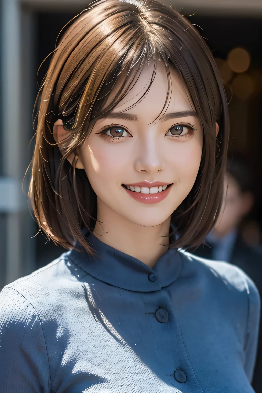 ((masterpiece)), ((Highest quality)), ((Complex)), ((Surreal)), (Realistic), (Mature Woman), ((No classes)), Very detailed, (1 female), Beautiful and exquisite, (Beautiful Teeth), Grin, Brunette Bob Hair, Brown eyes, ((blouse)), (Upper Body), (background:none), Perfect Eyes, Captivating eyes, Looking at the audience