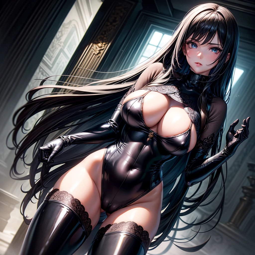 very detailed face, detailed clothing, detailed fabric, 1 woman, perfectly drawn body, huge breasts, sexy pose, beautiful face, long black hair, blue eyes, very detailed eyes, pink cheeks, shy expression,  (Shiny black tight bodysuit), black gloves, gloves covering hands, Sensual lips ,  dinner de invierno, Show details at a glance, View from the front, looking at viewer, dark road, Dark Forest, dinner, atmosphere, Fog