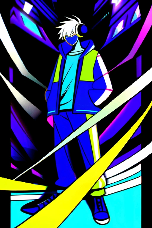 A boy character with headphones. Image of just your face in electric blue colors, Green Lemon, lemon yellow and neon purple. Akira Toryama style 