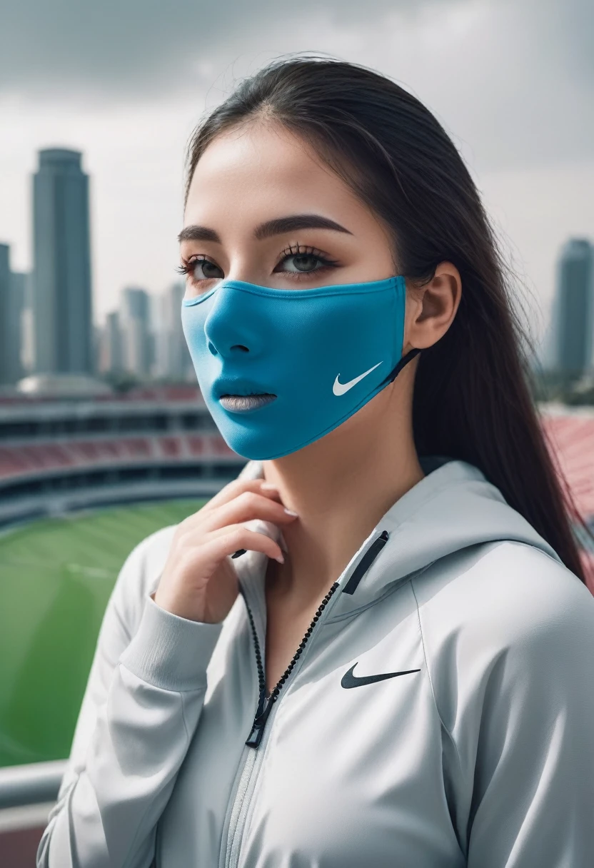 Young woman, Nike clothing, athletic body, covered face, beautiful, sporty pose, modern city or stadium background, dramatic lighting, fashionable style.