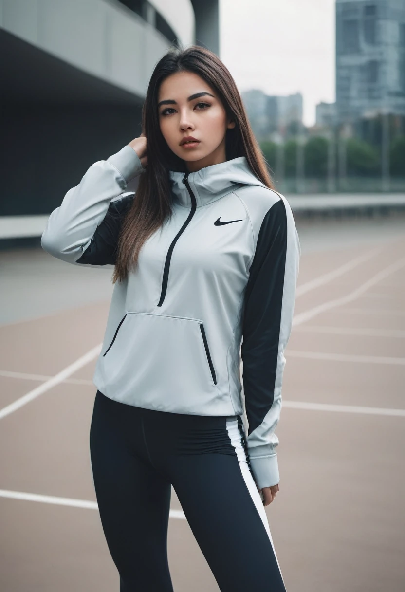 Young woman, Nike clothing, athletic body, covered face, beautiful, sporty pose, modern city or stadium background, dramatic lighting, fashionable style.