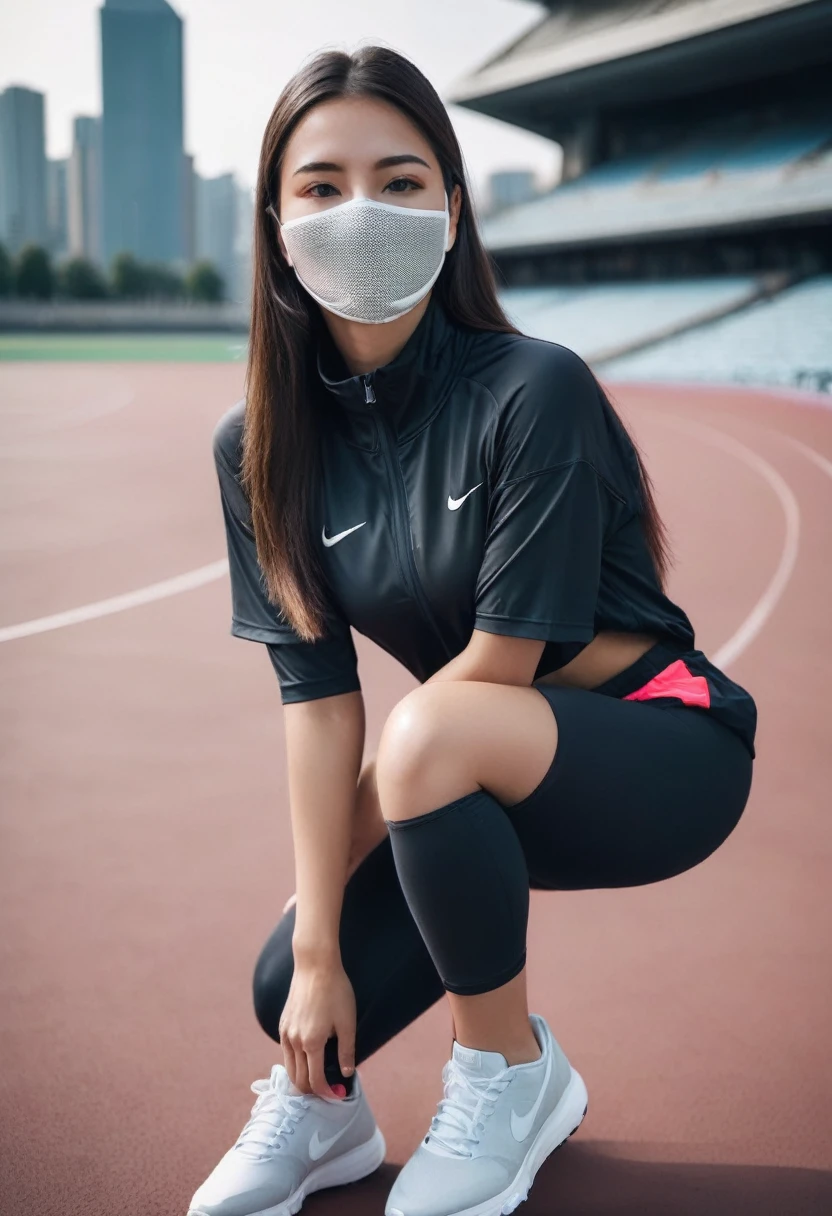 Young woman, Nike clothing, athletic body, covered face, beautiful, sporty pose, modern city or stadium background, dramatic lighting, fashionable style.