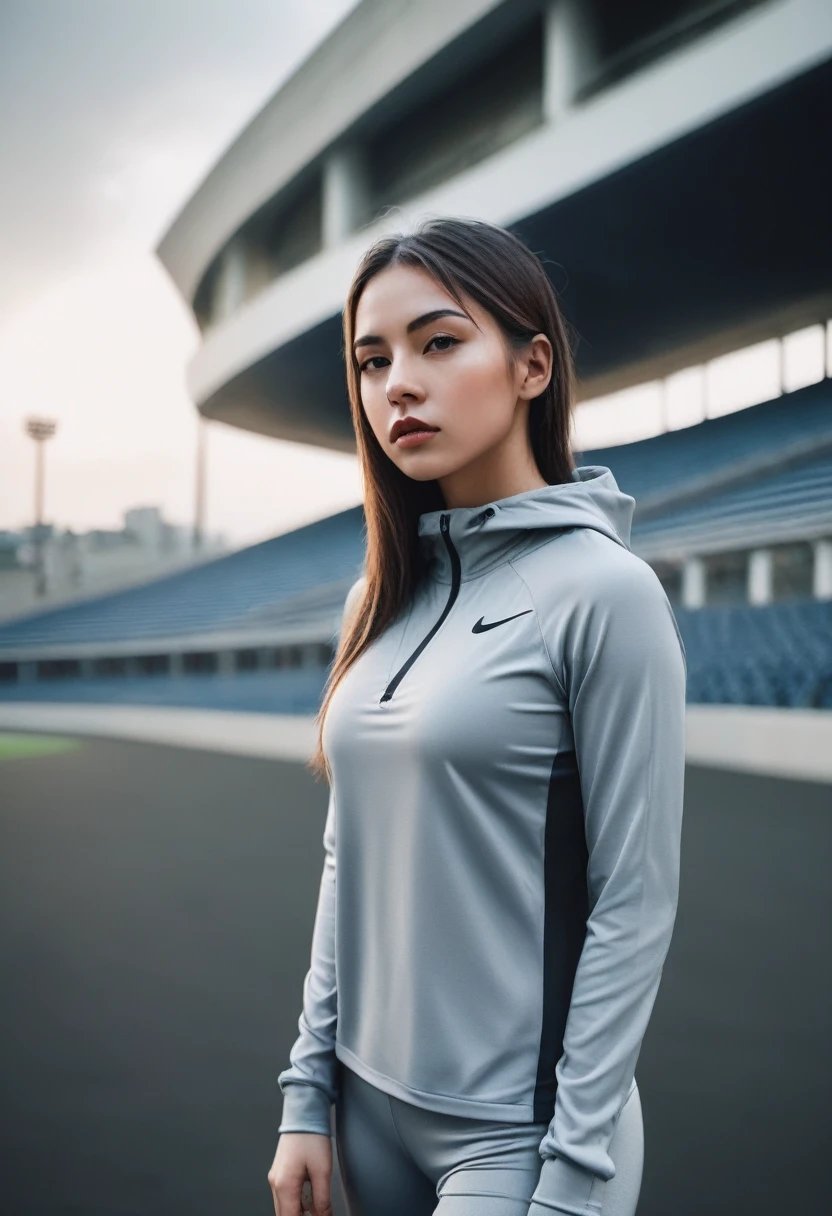 Young woman, Nike clothing, athletic body, covered face, beautiful, sporty pose, modern city or stadium background, dramatic lighting, fashionable style.