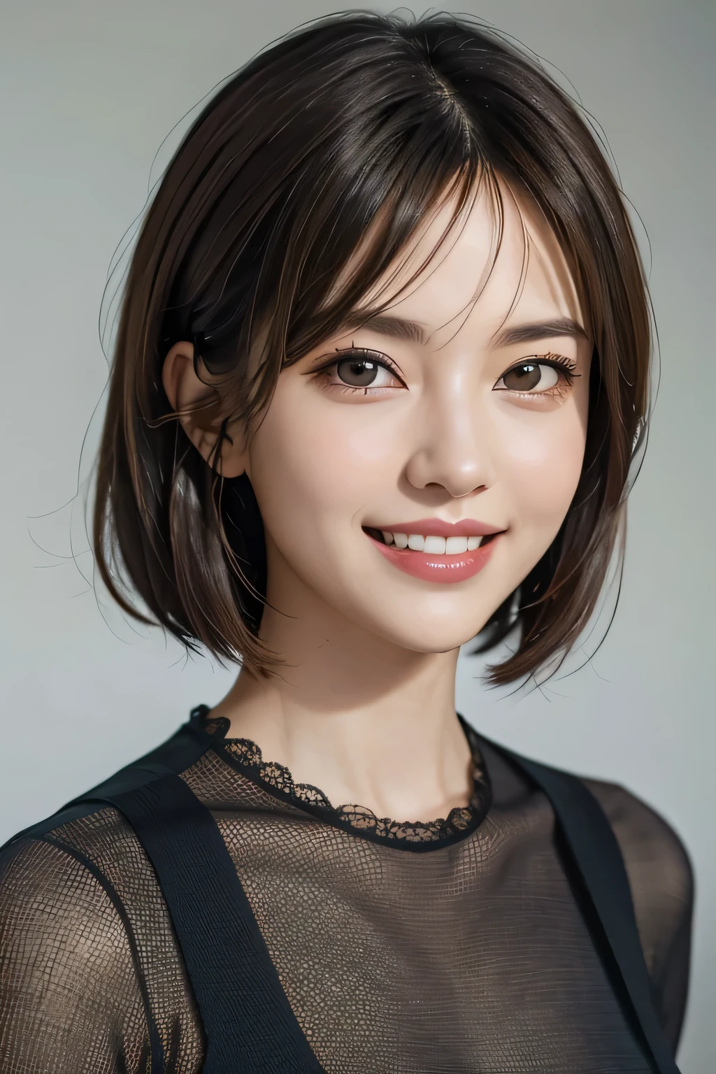 ((masterpiece)), ((Highest quality)), ((Complex)), ((Surreal)), (Realistic), (Mature Woman), ((No classes)), Very detailed, (1 female), Beautiful and exquisite, (Beautiful Teeth), Grin, Brunette Bob Hair, Brown eyes, ((blouse)), (Upper Body), (background:none), Perfect Eyes, Captivating eyes, Looking at the audience