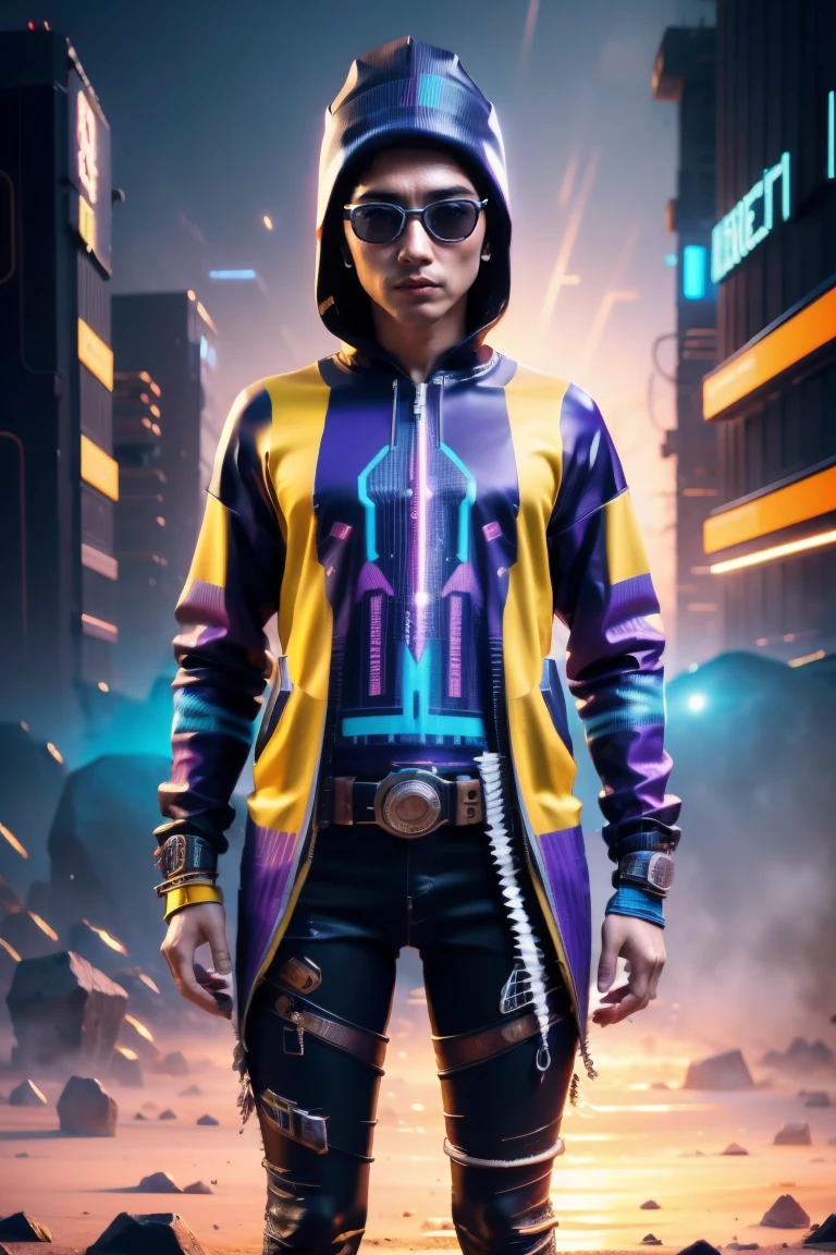 Create a futuristic mummy with cowboy clothes, vibrant colors, cyberpunk style, highly detailed, shirt print, vector image.