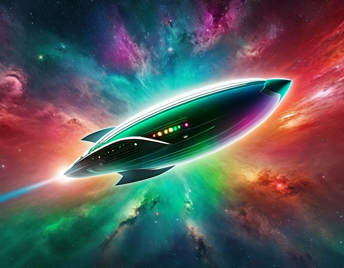 "A high-tech starship navigating through a colorful cosmic expanse, featuring a gradient backdrop from green to red with scattered stars. The ship’s design includes a large circular front section, an extended body, and external nacelles, all highlighted by metallic textures and intricate details."
