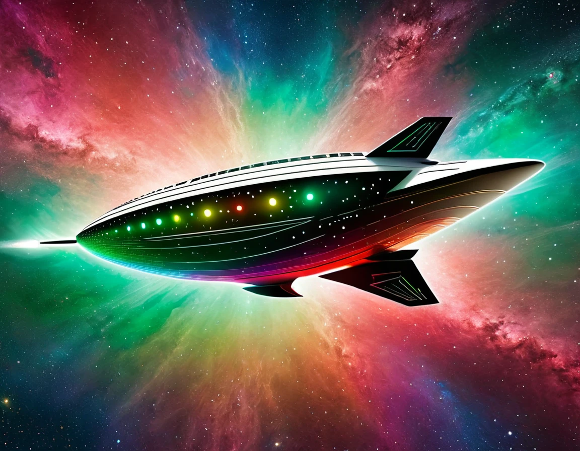 "A high-tech starship navigating through a colorful cosmic expanse, featuring a gradient backdrop from green to red with scattered stars. The ship’s design includes a large circular front section, an extended body, and external nacelles, all highlighted by metallic textures and intricate details."
