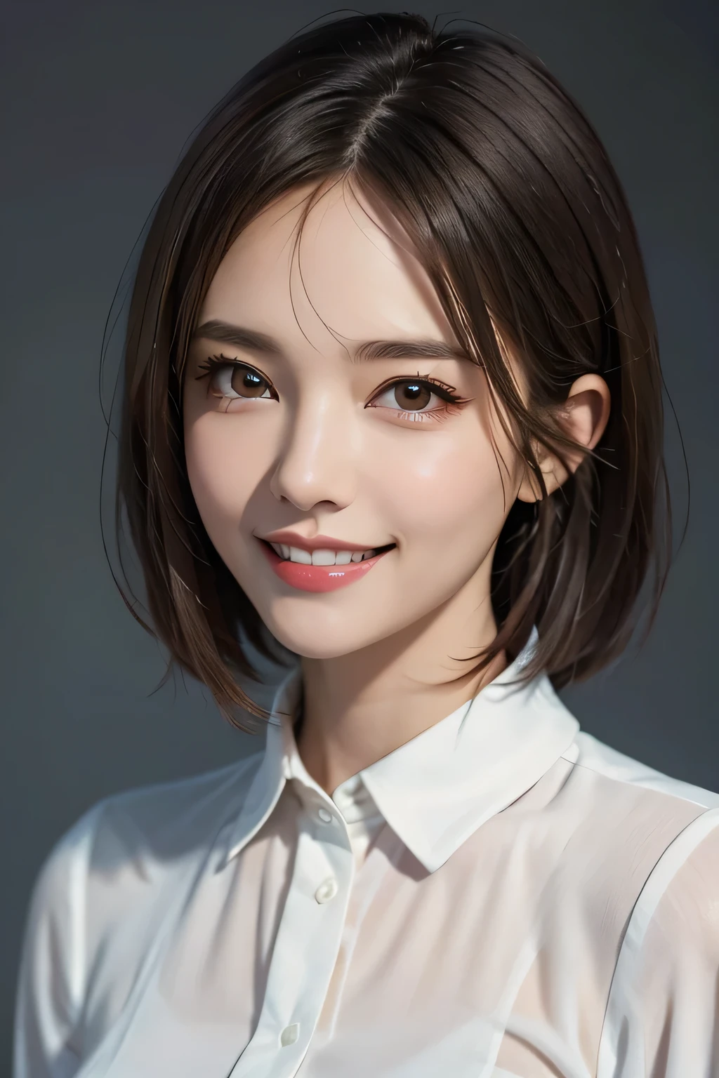 ((masterpiece)), ((Highest quality)), ((Complex)), ((Surreal)), (Realistic), (Mature Woman), ((No classes)), Very detailed, (1 female), Beautiful and exquisite, (Beautiful Teeth), Grin, Brunette Bob Hair, Brown eyes, ((blouse)), (Upper Body), (background:none), Perfect Eyes, Captivating eyes, Looking at the audience