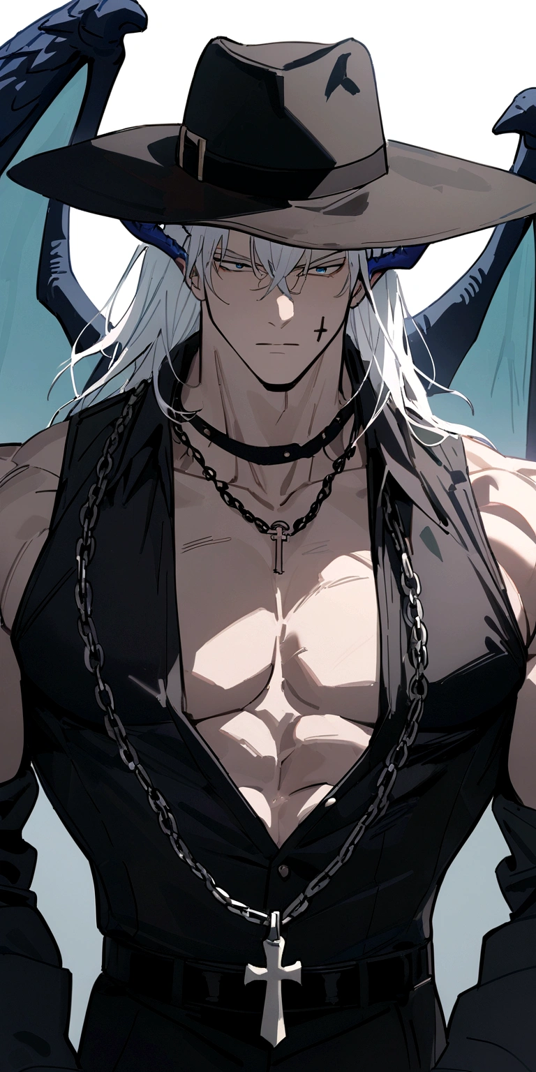 homen,strong muscles, White hair, best qualityer,open chest vest, blue and black clothes, Dragon Wings, black and blue dragon horns, black cloth on face, cross chain around the neck, black long brimmed fedora hat
