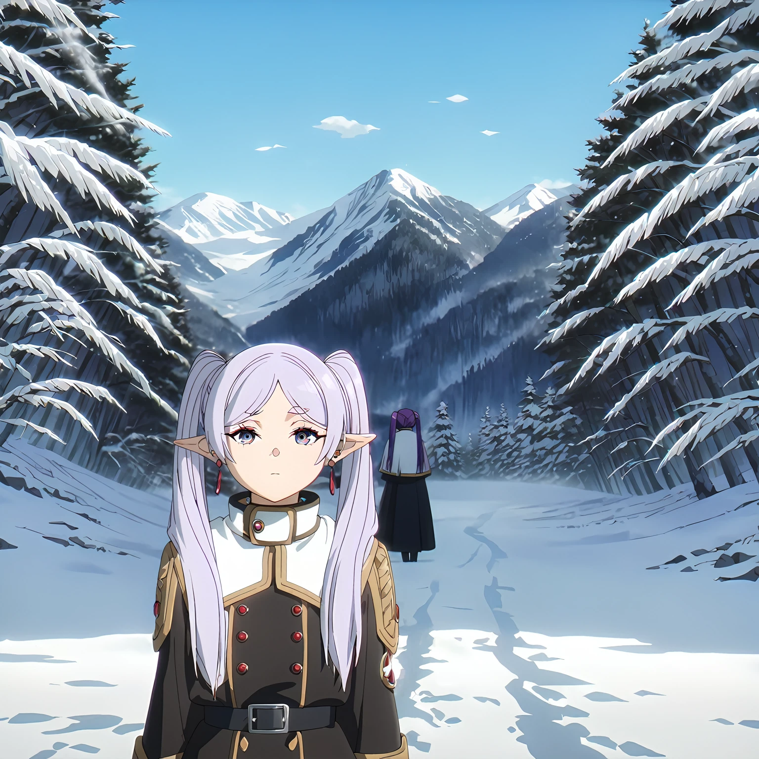 View your viewers,
alone,
Anime screenshots,
Highest quality,masterpiece,
Freezing,One girl,Light purple hair,Twin tails,Variegated eyes,Earrings,
Cowboy Shot