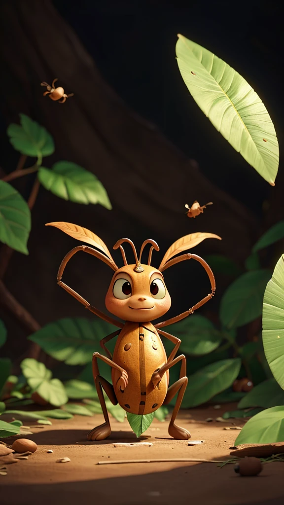 An ant carrying a large leaf, navigating various obstacles, then reaching the nest where there are food reserves, with the camera showing the colony benefiting. 8k UHD-IHD