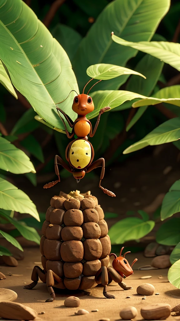 An ant carrying a large leaf, navigating various obstacles, then reaching the nest where there are food reserves, with the camera showing the colony benefiting. 8k UHD-IHD