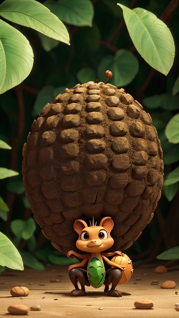 An ant carrying a large leaf, navigating various obstacles, then reaching the nest where there are food reserves, with the camera showing the colony benefiting. 8k UHD-IHD