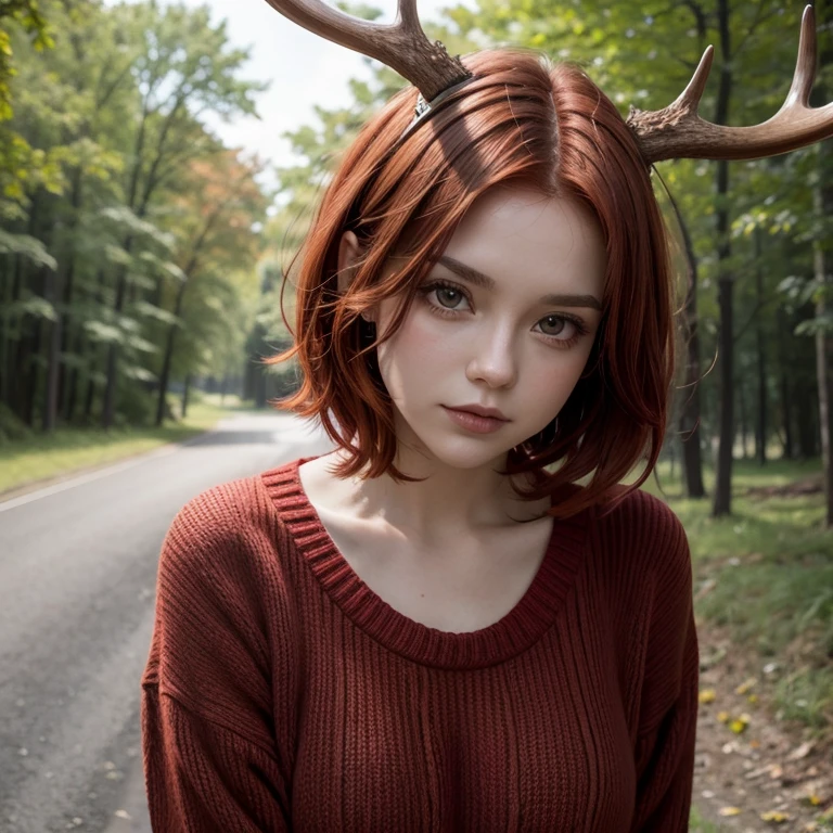 Woman, short red hair, deer horns, red clothes