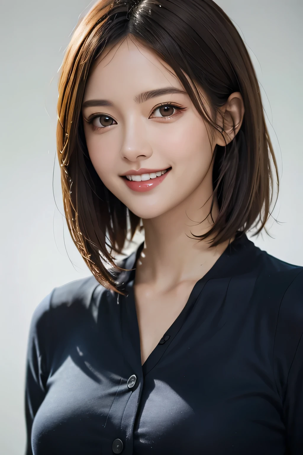 ((masterpiece)), ((Highest quality)), ((Complex)), ((Surreal)), (Realistic), (Mature Woman), ((No classes)), Very detailed, (1 female), Beautiful and exquisite, (Beautiful Teeth), Grin, Brunette Bob Hair, Brown eyes, ((blouse)), (Upper Body), (background:none), Perfect Eyes, Captivating eyes, Looking at the audience