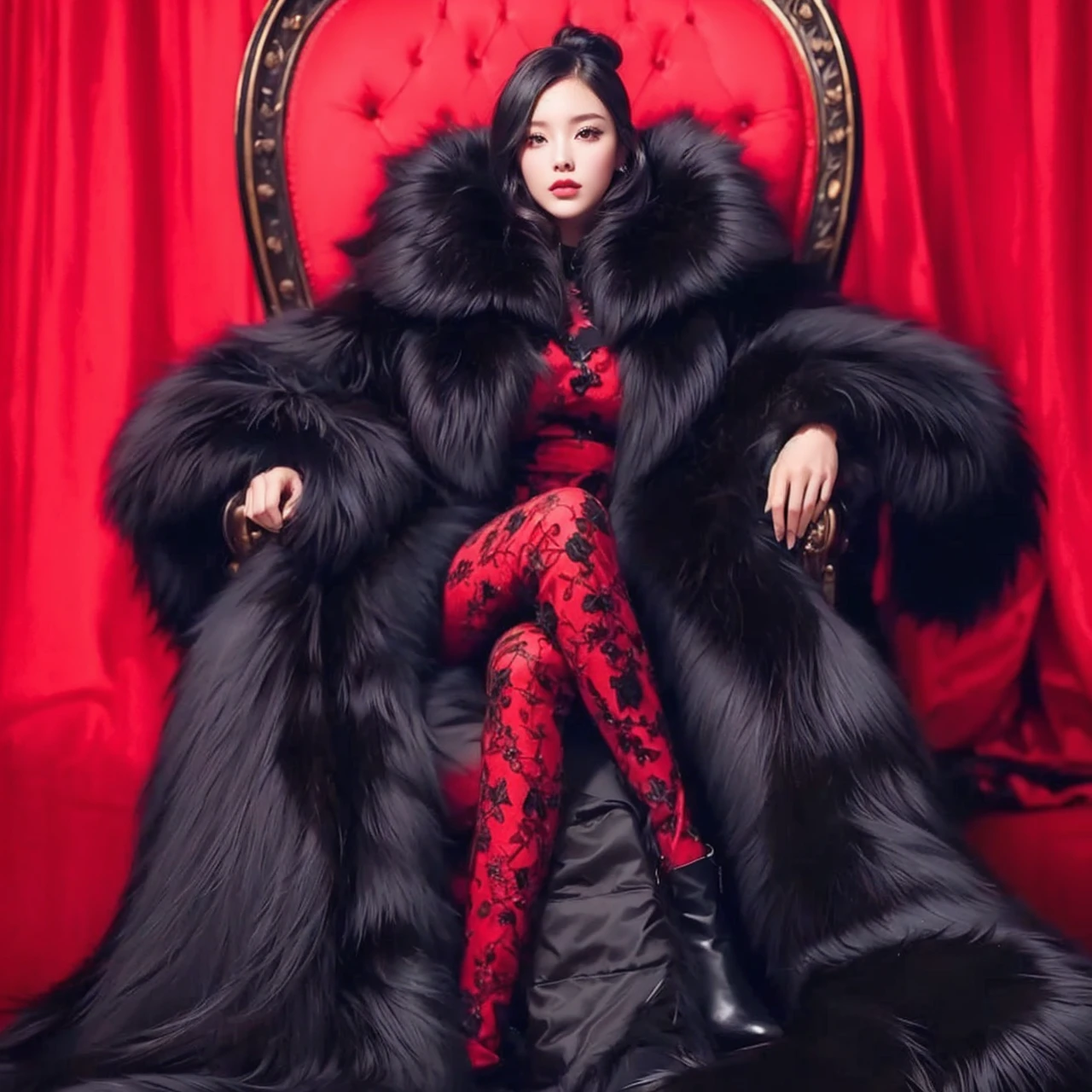 Beautiful girl wearing huge black fur coat