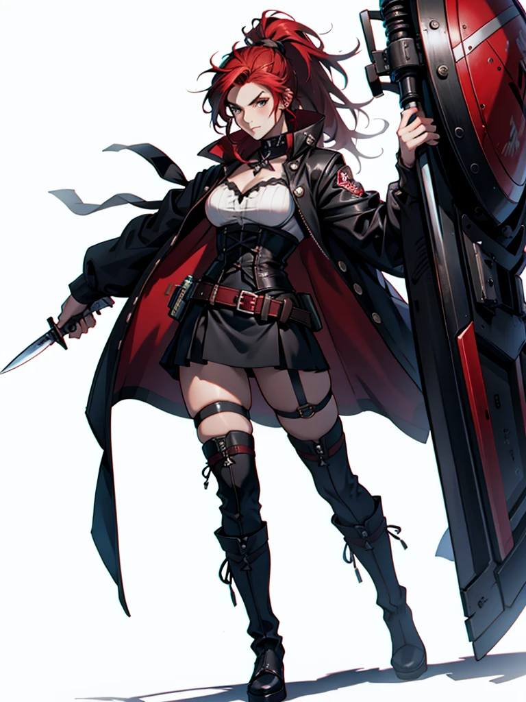 Rogue human woman, with red hair and black streaks, long high ponytail, white corset, black mini skirt, black thigh high boots, black jacket, holding a knife
